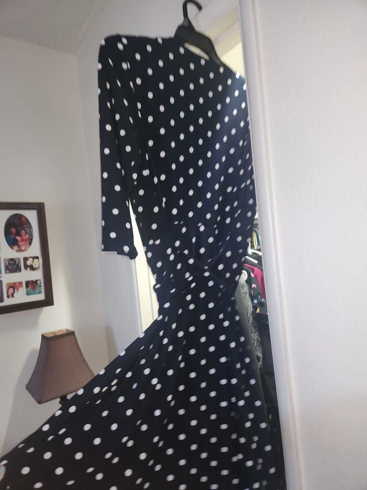 Lauren Ralph Lauren Dress Navy Polka Dot Wrap Long Sleeve Jersey SZ 16W - Image 4 of 4