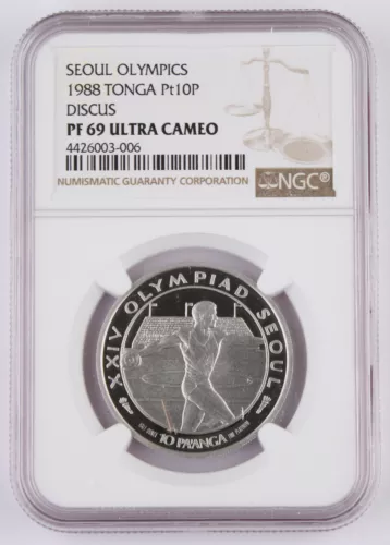 Tonga 1988 1/2 Oz Platinum 10 PA'ANGA Seoul Olympics Discus KM#132 NGC PF69 UC