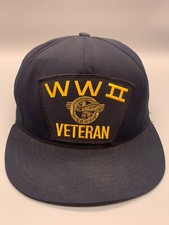 VINTAGE Trucker Hat Cap Snap Back Blue World War 2 Veteran Military Made in USA