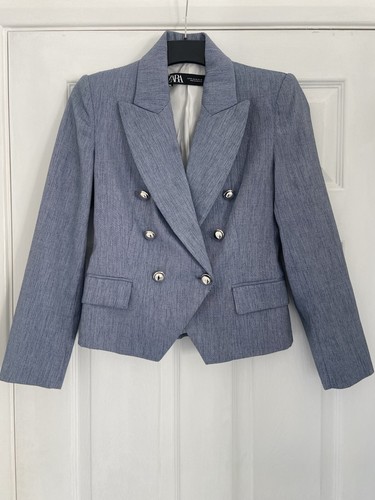Zara Ladies Blazer Jacket Size XS Cropped Short Military Style Buttons Blue