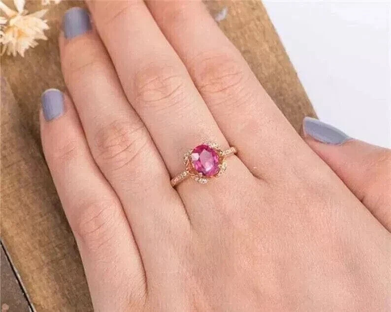 Oval Cut Simulated Pink Ruby Stunning Wedding Band Ring In 14k Rose Gold Plated - Image 3 of 4