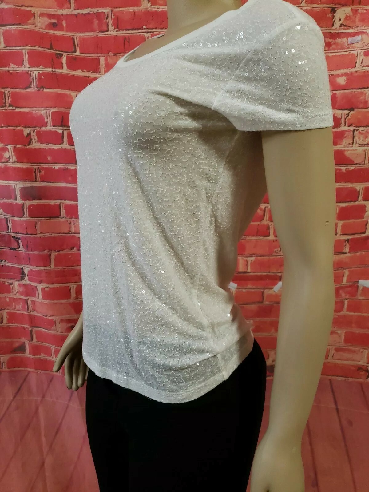 Calvin Klein White Short Sleeve Sequined Stretch Women's Top Blouse XS NWT #C