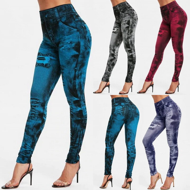 Ladies Womens Stretchy Denim Look Skinny Jeggings Leggings Plus Size UK  8-20 uk