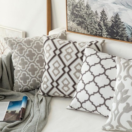 Mix Match Home Sofa Lounge Grey/White Embroideried Cotton Cushion Cover 45cm - Picture 2 of 13