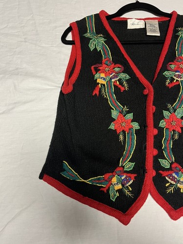 Kathi Lee Holiday Sweater Vest Womens Medium Black Button Up Embroidered Vintage - Picture 6 of 12