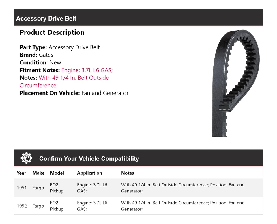 Для 1951-1952 Fargo FO2 пикап 3,7 л L6 ГАЗ привод ремня вентилятор и ворота генератора - Изображение 2 из 4