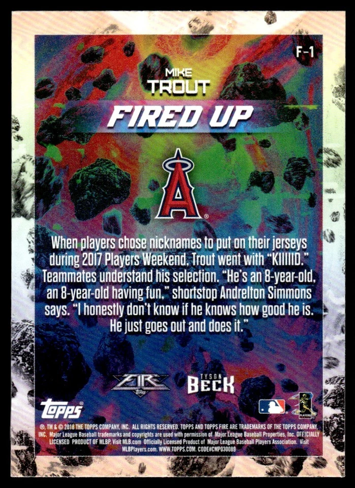 2018 Topps Fire Fired Up Mike Trout Los Angeles Angels #F-1 R40 - Image 2 of 2