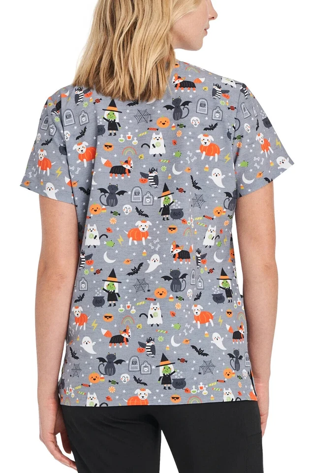 White Cross Womens Halloween Grey Scrub Top Sz 2XL- Spooky Animal Fun - Image 2 of 4
