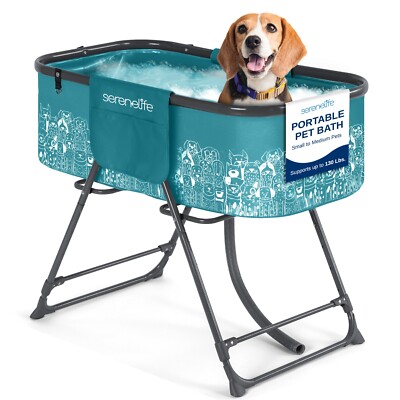 Serenelife Portable Dog Bath Tub with Two Side Pockets and Built-in Drain System