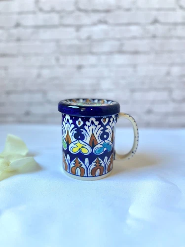 Handmade Hand-painted Blue Pottery Cups With Lid, Coffee Ceramic Cup with Cover