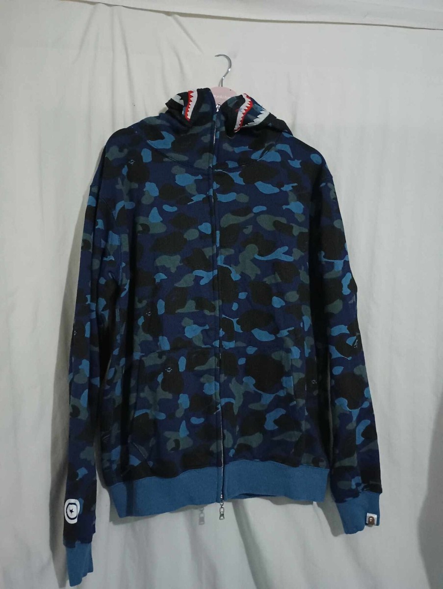 BAPE Fire Camo Shark full zip hoodie a bathing ape flame Blue Size