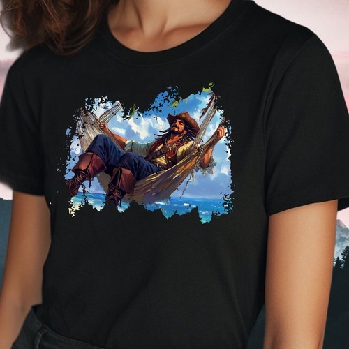 Frauen T-Shirt Pirat in einer Hängematte Motiv Baumwolle Größe S bis 3XL - 第 1/1 張圖片
