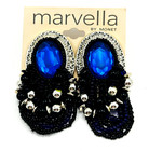 Marvella by Monet Clip On Earrings Faceted Blue Cabochon Black Seed Bead Signed