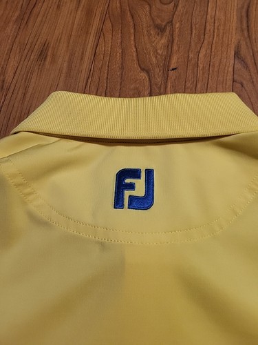 Footjoy Golf Polo Shirt SS Medium Yellow Blu Wht Striped EUC Stretch 44 X 28 - Picture 9 of 11