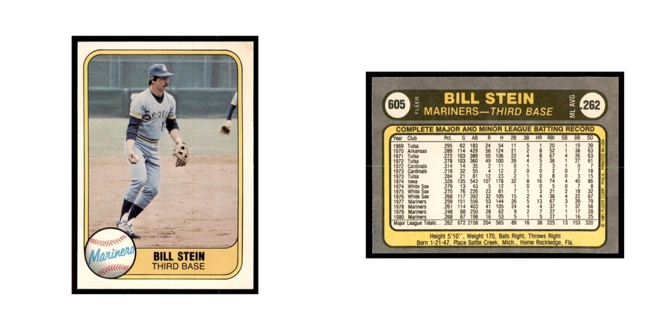 1981 Fleer Bill Stein Baseball Cards #605 - Image 3 of 3