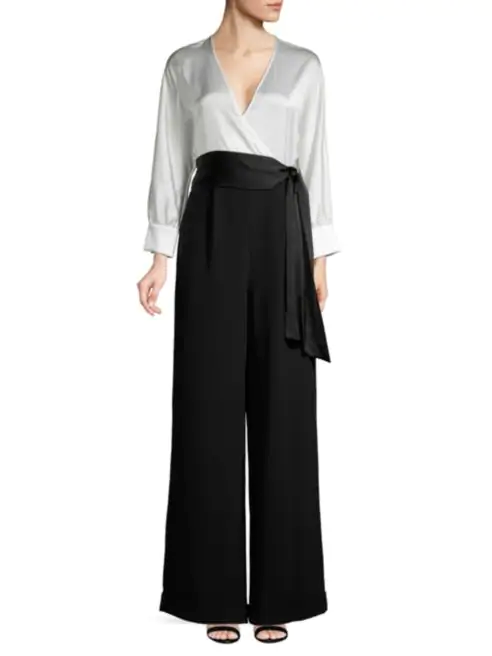 New DIANNE VON FURSTENBERG Black&Ivory Wrap Front Wide Leg Jumpsuit Size 2 $598