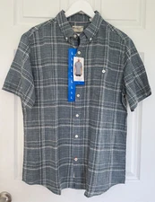 Original Weatherproof Vintage Mens Short Sleeve Washable Linen Shirt Blue Sz L