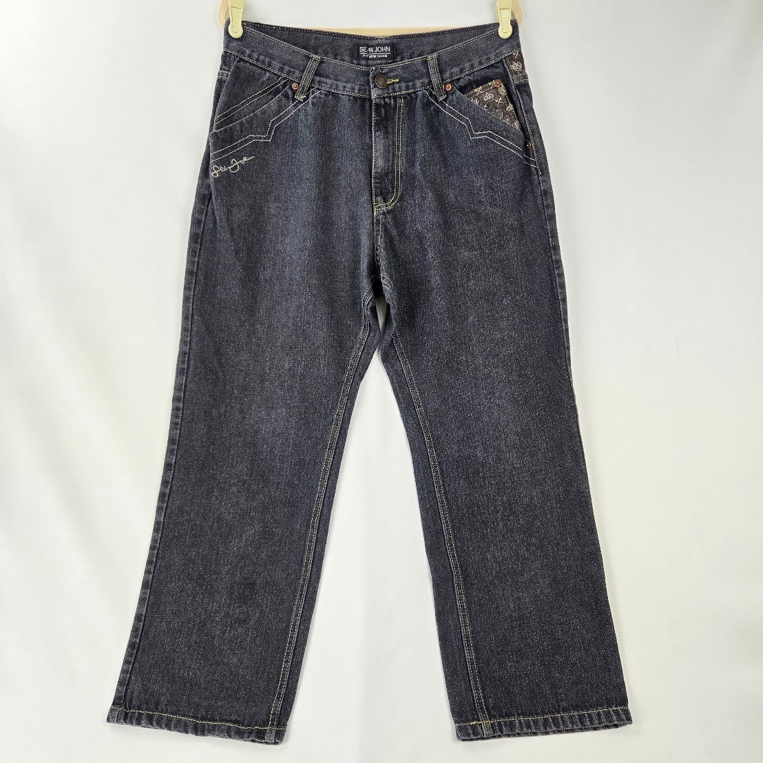 00s 古着 SEAN JOHNブラックデニム ワイド baggy Y2K B系 Sean John Black Premium Denim Jeans Baggy Embroidered Y2K Vintage