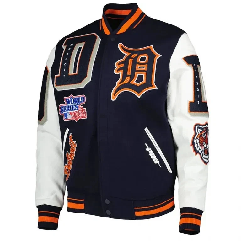 Detroit Tigers Mash Up Navy Blue Wool and White Sleeves Varsity Letterman Jacket