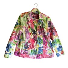 Chico s Tropical Palm Floral Print Button Front Blazer Jacket SZ 3 Multicolor