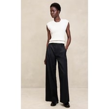 Banana Republic Linen-Blend Wide-Leg Pleated Trouser Black High-Rise Size 12