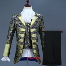 Mens 3 Piece Suit Embroidered Jacket Vest Victorian Costume Pants Trousers Cool