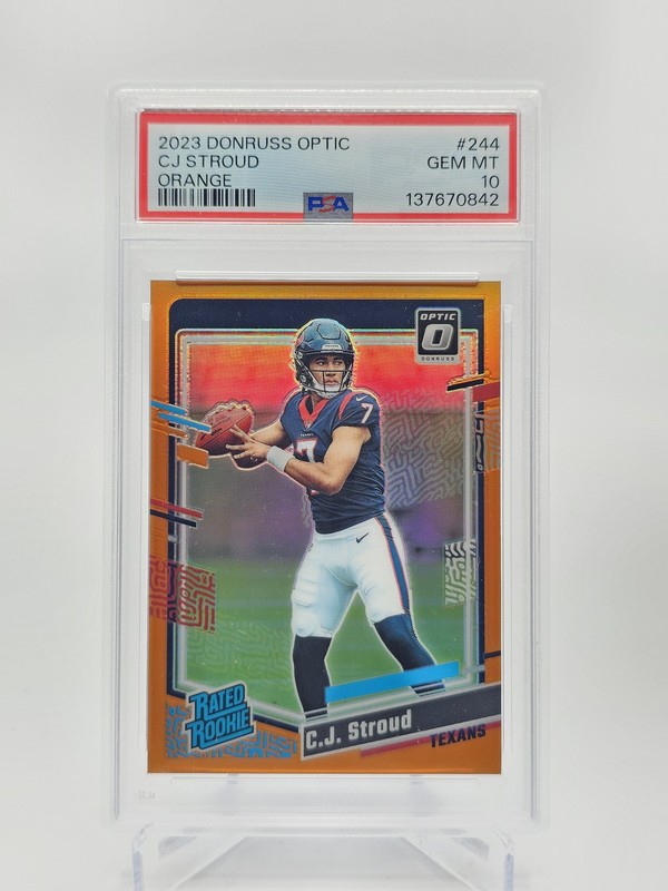 C.J. STROUD 2023 DONRUSS OPTIC RATED ROOKIE ORANGE /249 #244 TEXANS PSA 10 Q7507