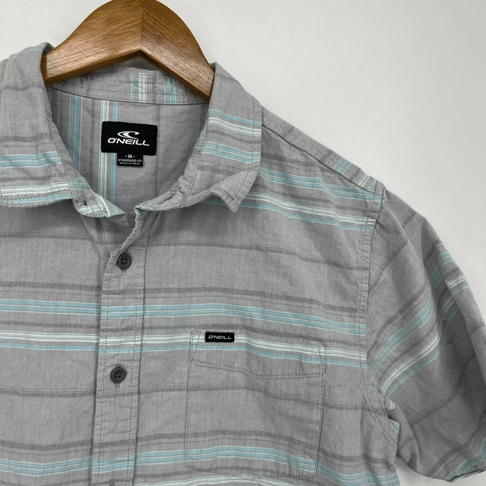 O'Neill Short Sleeve Button Shirt Men's Size M Gray Striped Pocket Cotton - Image 4 of 4