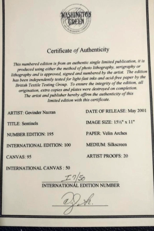 Сериграф Govinder Nazran Sentinels на холсте без рамки номер 7 из 50 с сертификатом подлинности - Изображение 4 из 4
