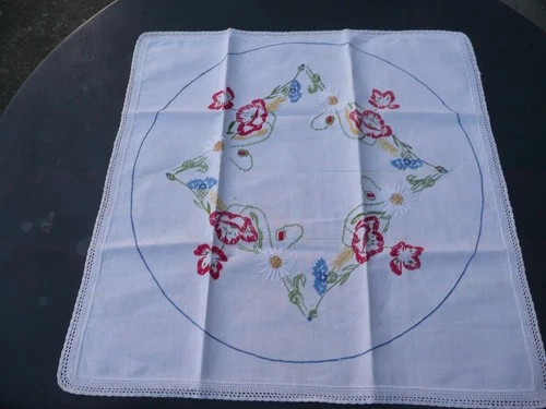 Antique Vintage Small Cotton Tablecloth with Color Embroidered Flower Decorations