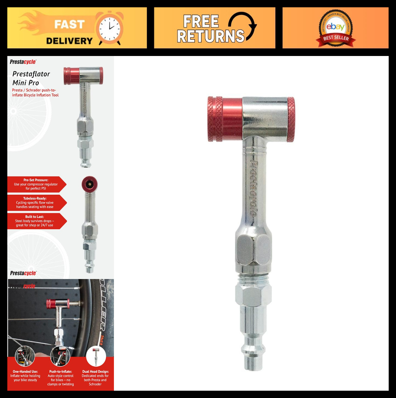 Mini Pro Bike Tire Inflator Head - Presta Push-to-Inflate Tool for Air Compresso