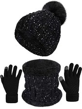 3 Pieces Women Set, Faux Fur Pom Winter Beanie Hat, Knit Scarf and Black