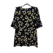 Zara Floral Ruffled 3/4 Sleeves Mini Dress Key Hole Button Back M Black Yellow