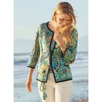 Peruvian Connection Jacquard Knit Cardigan S Green Floral Boho Open Front Resort