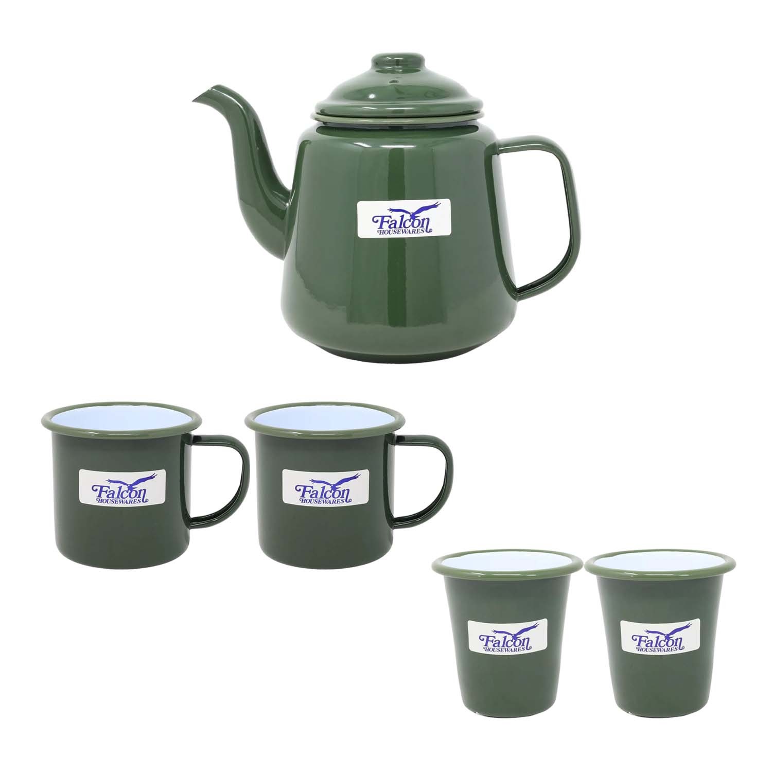 5pcs Drinkware Set Green Enamel White Steel Teapot Coffee Mug Tumbler Beverage