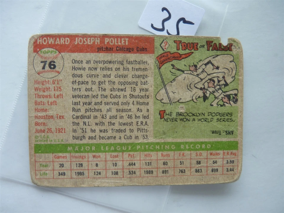 1955 TOPPS BASEBALL  CARD HOWIE POLLET CHICAGO CUBS     NO35 - Image 2 of 2