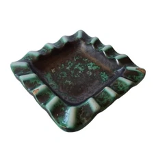 Vintage Majolica Ceramic Ashtray Mid Century Modern Green Matte Glaze 5" Square