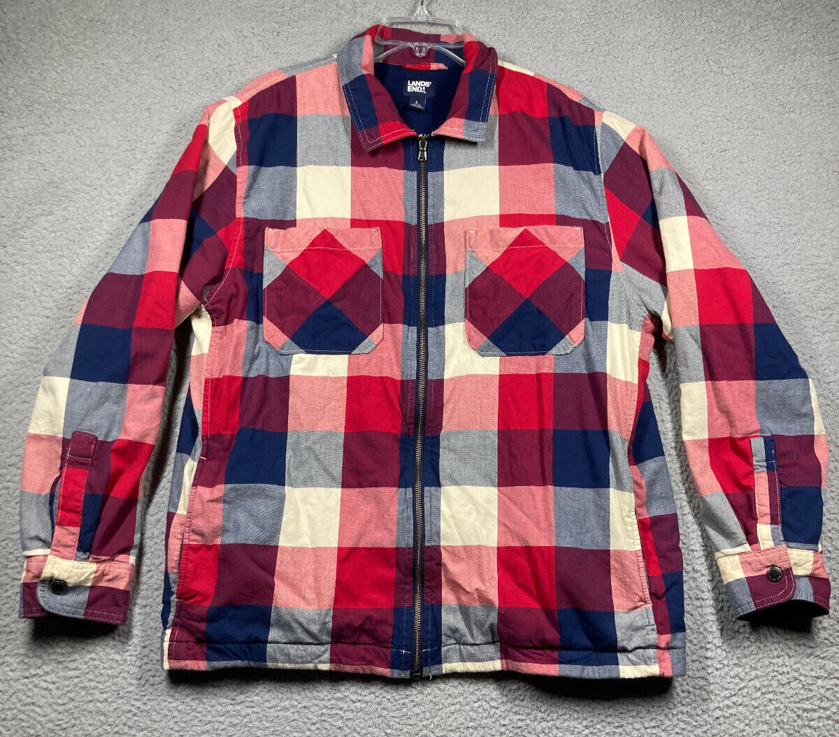 Lands End Mens Large Lined Red Plaid Zip Shacket for Outdoor Wear