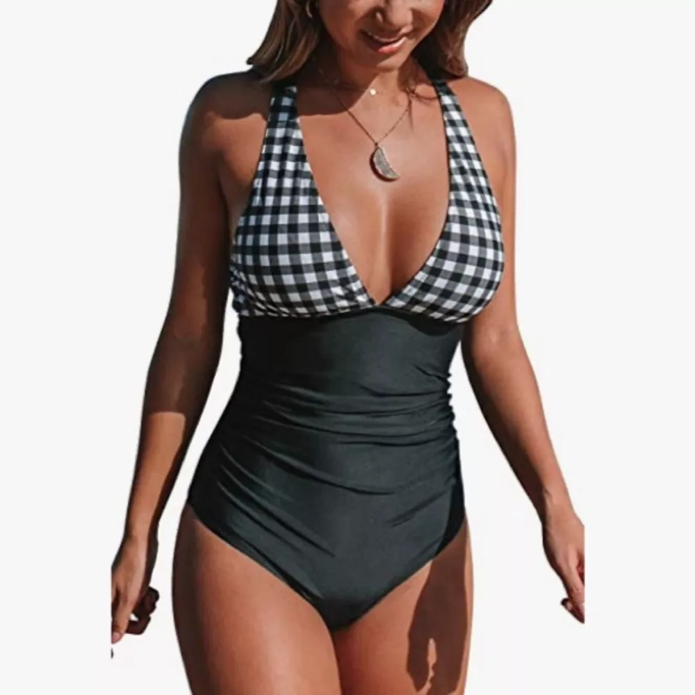 Cupshe Black White Gingham Ruched Cross Back One Piece Swimsuit Small NWT