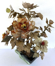 Chinese Jade Tree Sculpture  19" Carved Semi Precious Stone Flowers Jade Planter