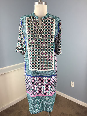 HALOGEN S M Green Navy Blue Pink Medallion Shift Dress Career Cocktail EUC  | eBay