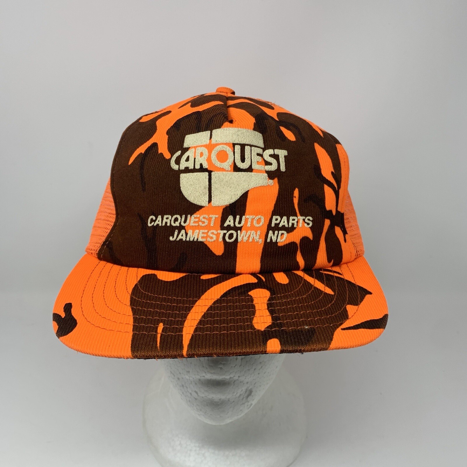 Vtg Carquest Orange Camo SnapBack Hat Jamestown North Dakota Auto Car