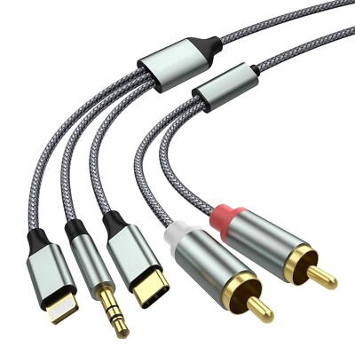 Lightning to RCA Cable Audio Aux Adapter, 3 in 1, 6.6Ft, USB C to 2 RCA