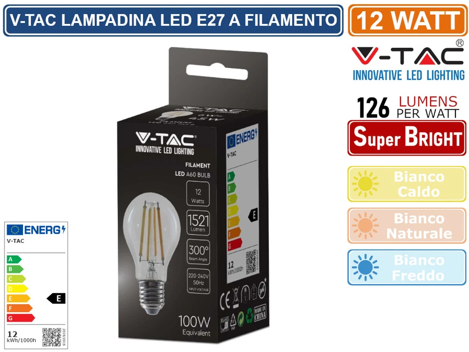 V-TAC VT-2133 LAMPADINA LED E27 12W BULBO A60 GOCCIA FILAMENT VETRO TRASPARENTE - Immagine 3 di 3