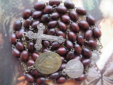 1900's Antique Med Oval Brown Beads Rosary-Miraculous/N. Dame De Brebiers
