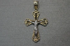 14K Solid Yellow Gold 1.15" Two Tone Filigree Cross Crucifix Charm Pendant.