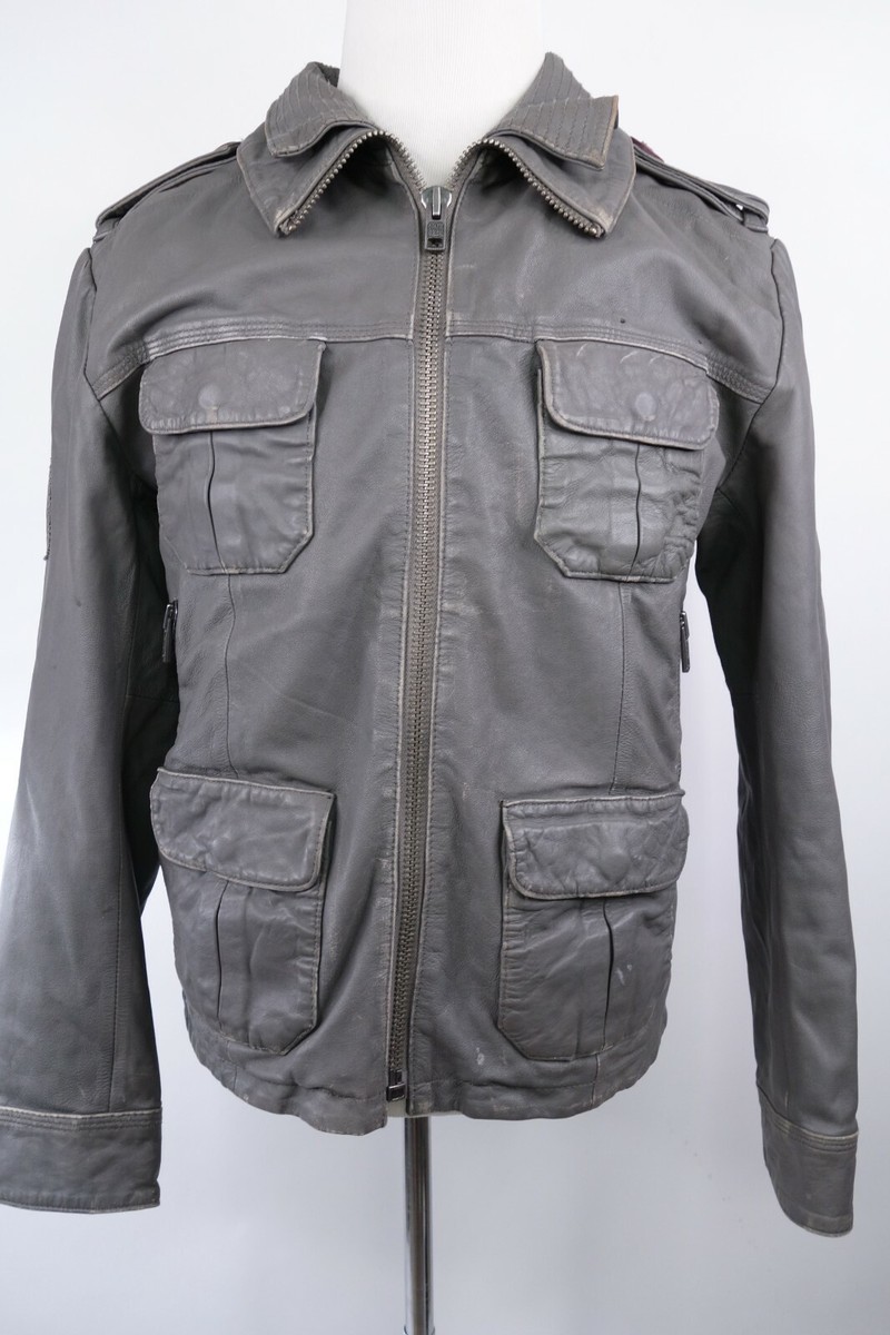 Superdry Leather Bomber Jacket Light Distressed Gray Men Size