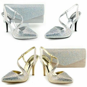 silver court shoes and matching bag