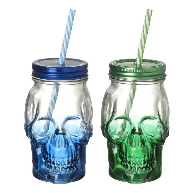 Set of 2 Coloured Skull Drinking Jars Halloween Party Novelty Drinks Mason Glass for sale online