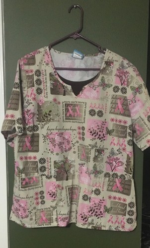 Scrubs XL ~ Breast Cancer Awareness ~ Tan Pink Brown Lime Green Nurse Scrub Top - Picture 5 of 8